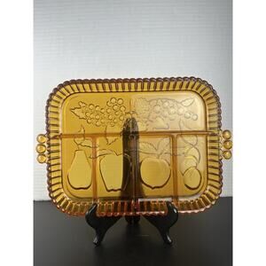 Vintage Indiana Amber Glass Divided Fruit Embossed Tray